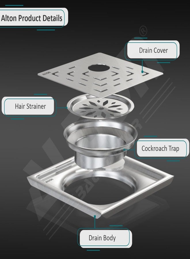 ALTON ALD1002, SS-304 Grade, 6x6 INCH Cut, Bathroom Grating Square Floor Drain Jali with Cockroach Trap, Matte - Image 3